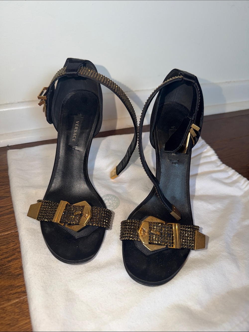 Versace Black Heeled Sandals with Gold Buckle Detail